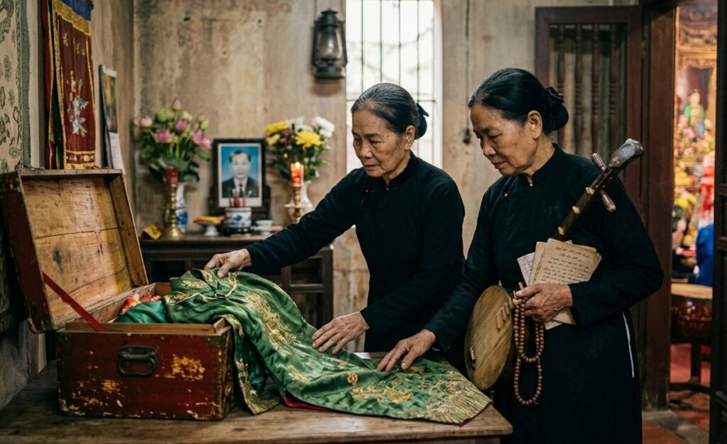 Due anziane donne vietnamite rispolverano delicatamente un antico costume rituale Lên Đồng di seta verde in una stanza sul retro di un tempio ad Hanoi. L'immagine rappresenta la conservazione e la rinascita della tradizione religiosa vietnamita dopo il periodo di clandestinità, simboleggiando il passaggio al riconoscimento UNESCO. Atmosfera intima con luce naturale soffusa e tessuti antichi.
