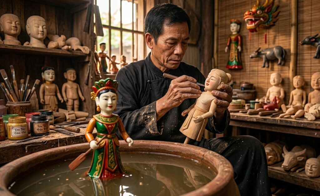 artista che crea le marionette sull acqua del vietnam